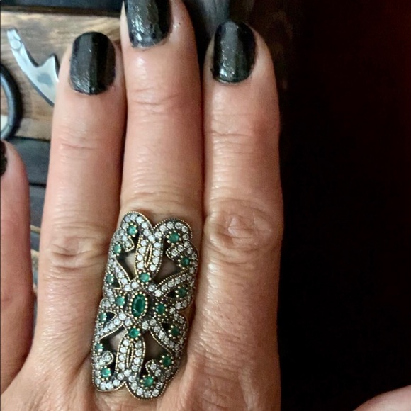 Long Emerald Topaz Silver Antique Style Ring Size 8 - Picture 5 of 10